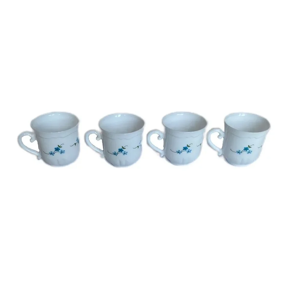 Set Of 4 Arcopal France Veronica Blue Floral Pattern Tea Coffee Cups 3 1/8